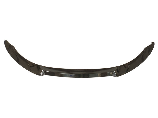 A sleek, curved car bumper lip, resting against a white background, featuring a glossy black finish.
