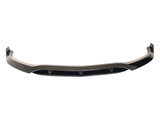 A sleek, black car bumper lip with a curved design and attachment points, set against a plain white background.