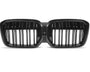 A dual kidney-shaped, black car grille with vertical slats is displayed against a plain white background.