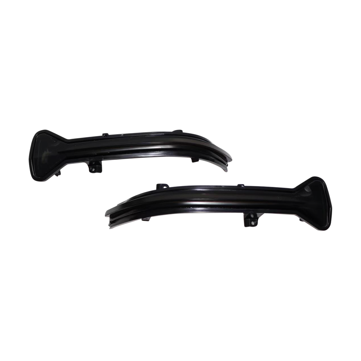 Two sleek, black car mirror covers with curved designs are positioned against a plain white background.