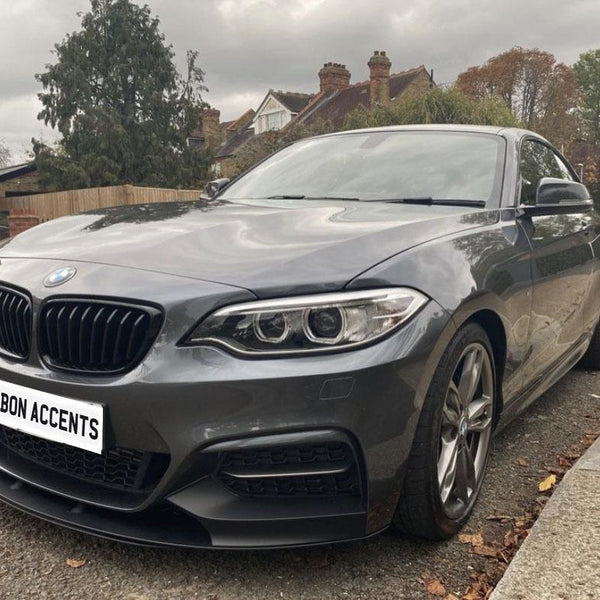 A dark gray BMW car is parked on a residential street. The license plate reads "CARBON ACCENTS." Brick houses and trees line the background under a cloudy sky.