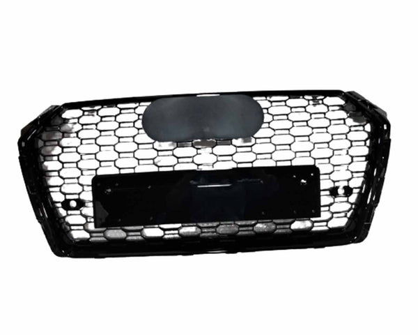 A black honeycomb car grille with a central blank emblem holder and license plate mount, placed against a plain white background.