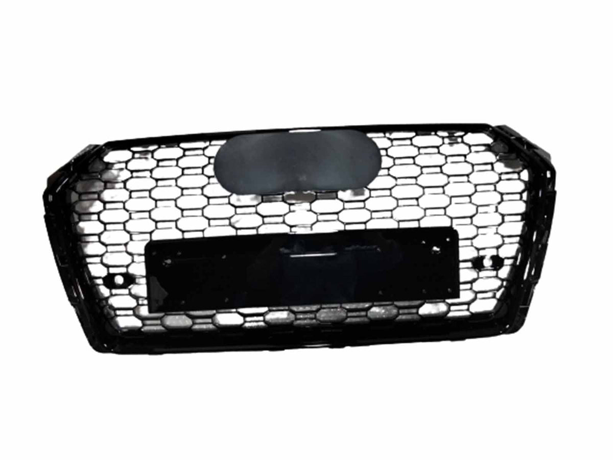 A black honeycomb car grille with a central blank emblem holder and license plate mount, placed against a plain white background.