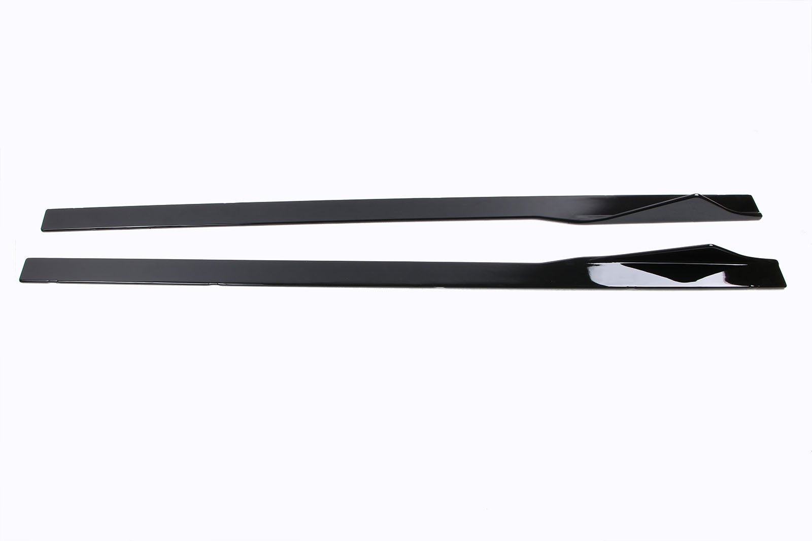 Two elongated, black metal strips lie parallel. Each strip has a slightly raised, angled section, set against a plain white background.