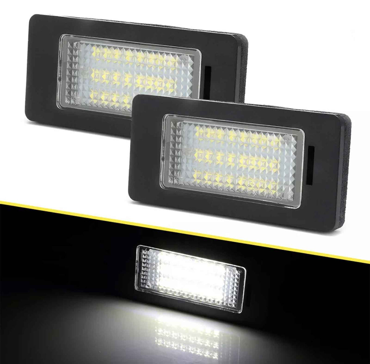 Rectangular LED lights mounted on black casings illuminate brightly, with one shown glowing in a dark setting, highlighting their use in low-light environments.