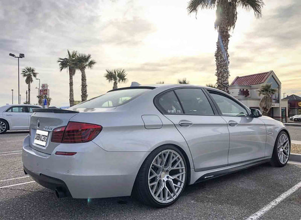 A silver car with custom rims is parked in a lot next to a palm tree. The sky is overcast, and a building is visible in the background.