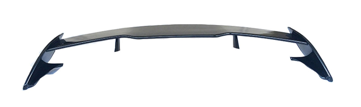 A black car spoiler with an aerodynamic design is positioned horizontally, featuring a central wing supported by three vertical brackets. It is displayed against a plain white background.