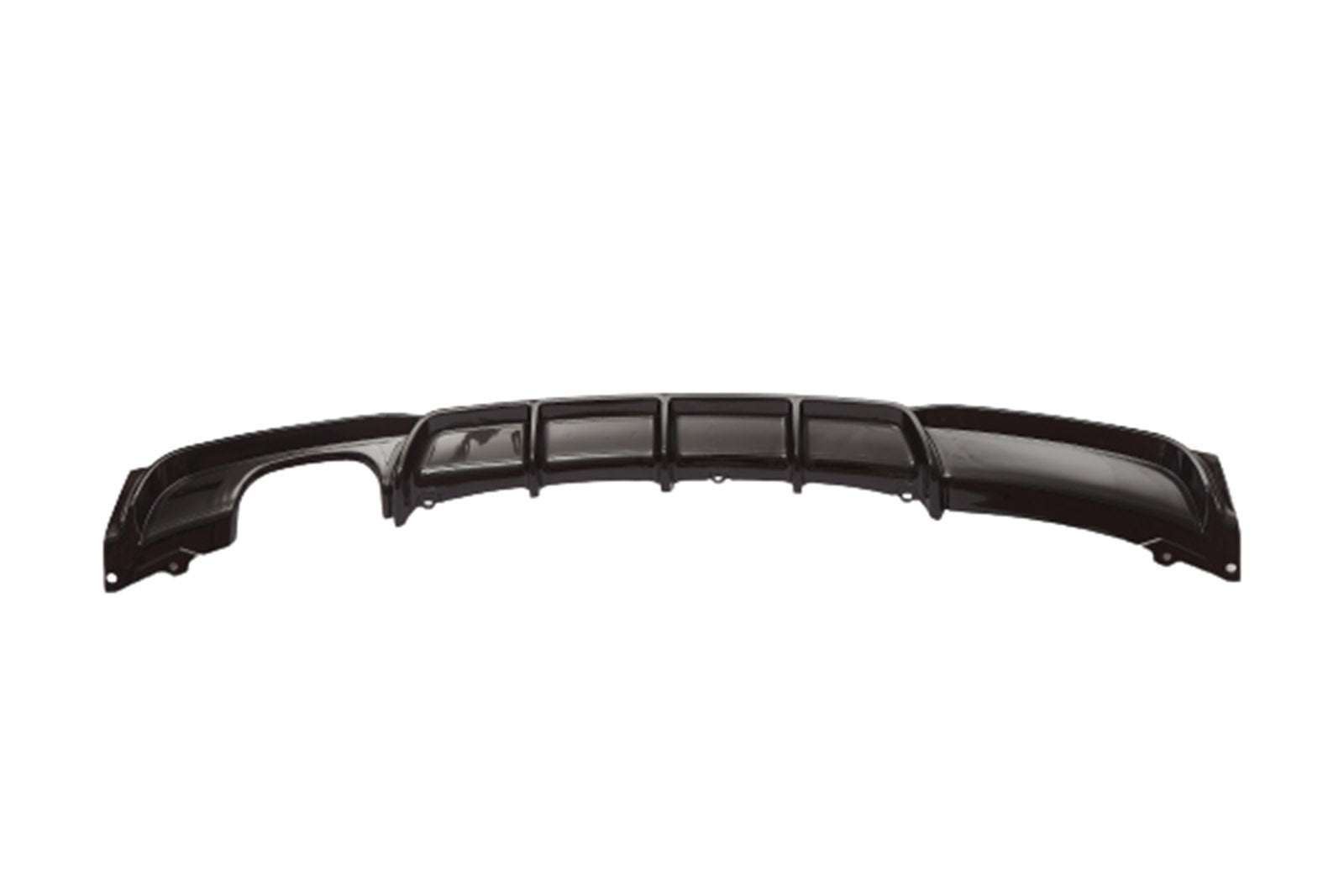 A black automotive rear diffuser with aerodynamic fins, resting against a plain white background, showcasing its sleek design for enhancing vehicle stability.