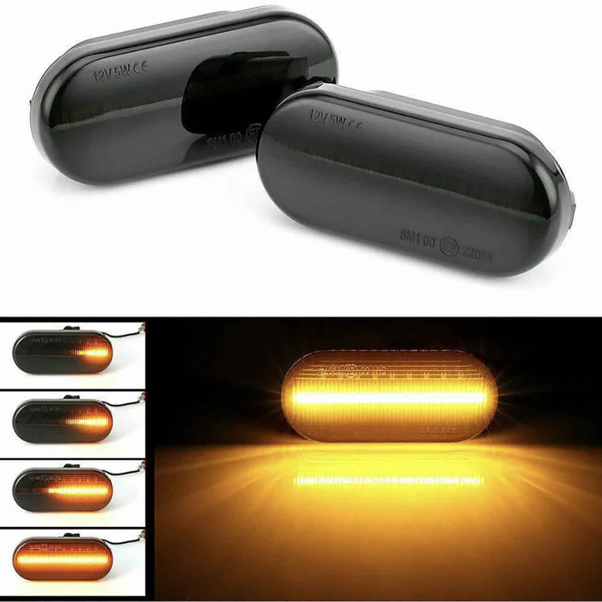 Two black oval LED lights are displayed. One glows with an orange light, demonstrating illumination. Text on them reads "12V 5W". Nearby images show different lighting stages.