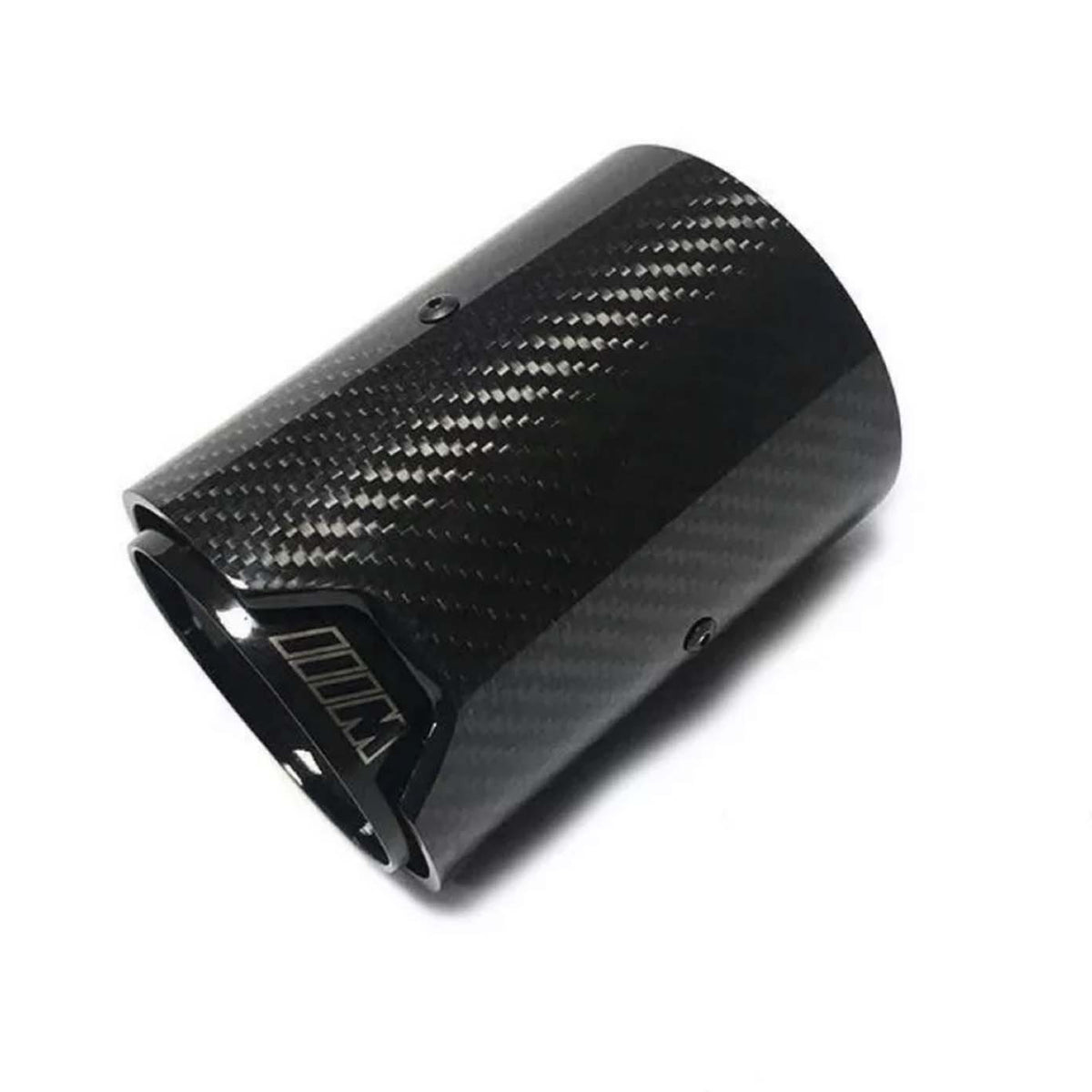 A carbon fiber exhaust tip lies angled on a white background, featuring a glossy checkered pattern with the letter "M" visible near the opening.