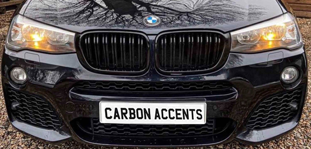 A black car displays "CARBON ACCENTS" on its front license plate. The headlights are on, and tree branches are reflected on the hood, parked on a gravel surface.