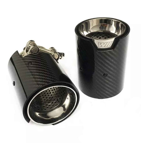 Two carbon fiber exhaust tips with a metallic interior, one upright, the other lying down showing adjustable clamps. Both feature a "W" insignia. Set against a plain white background.