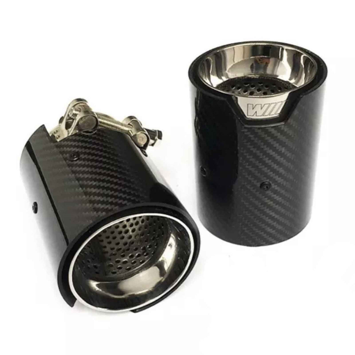Two black carbon fiber exhaust tips with stainless steel interiors are shown, one upright and the other lying down, showcasing perforated metal inner linings and a logo marked "WII."
