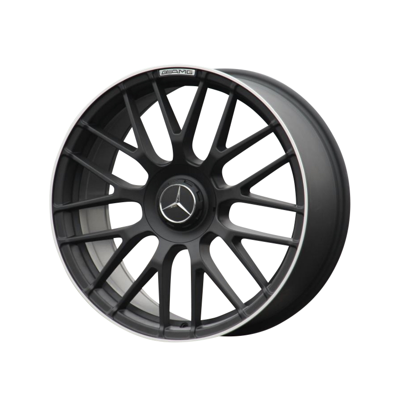 A black alloy car wheel with multiple thin spokes is positioned upright. The center features a three-pointed star emblem. "AMG" text is visible near the rim on a white background.