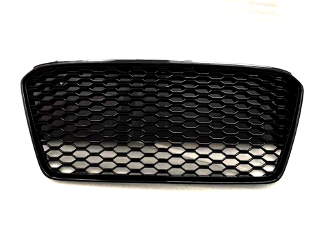 A black, hexagonal mesh car grille, positioned against a plain white background, showcases its open design. The structured pattern suggests it is part of a vehicle's front-end assembly.