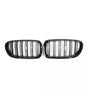 Two black, oval car grilles with vertical slats are positioned side by side against a plain white background.