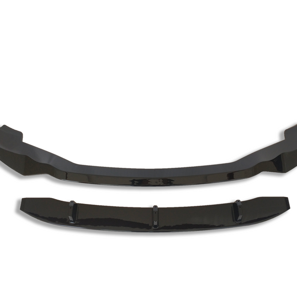 Two glossy black car spoilers sit parallel, with curved aerodynamic designs. The larger piece is above, and the smaller one below, on a plain white background.