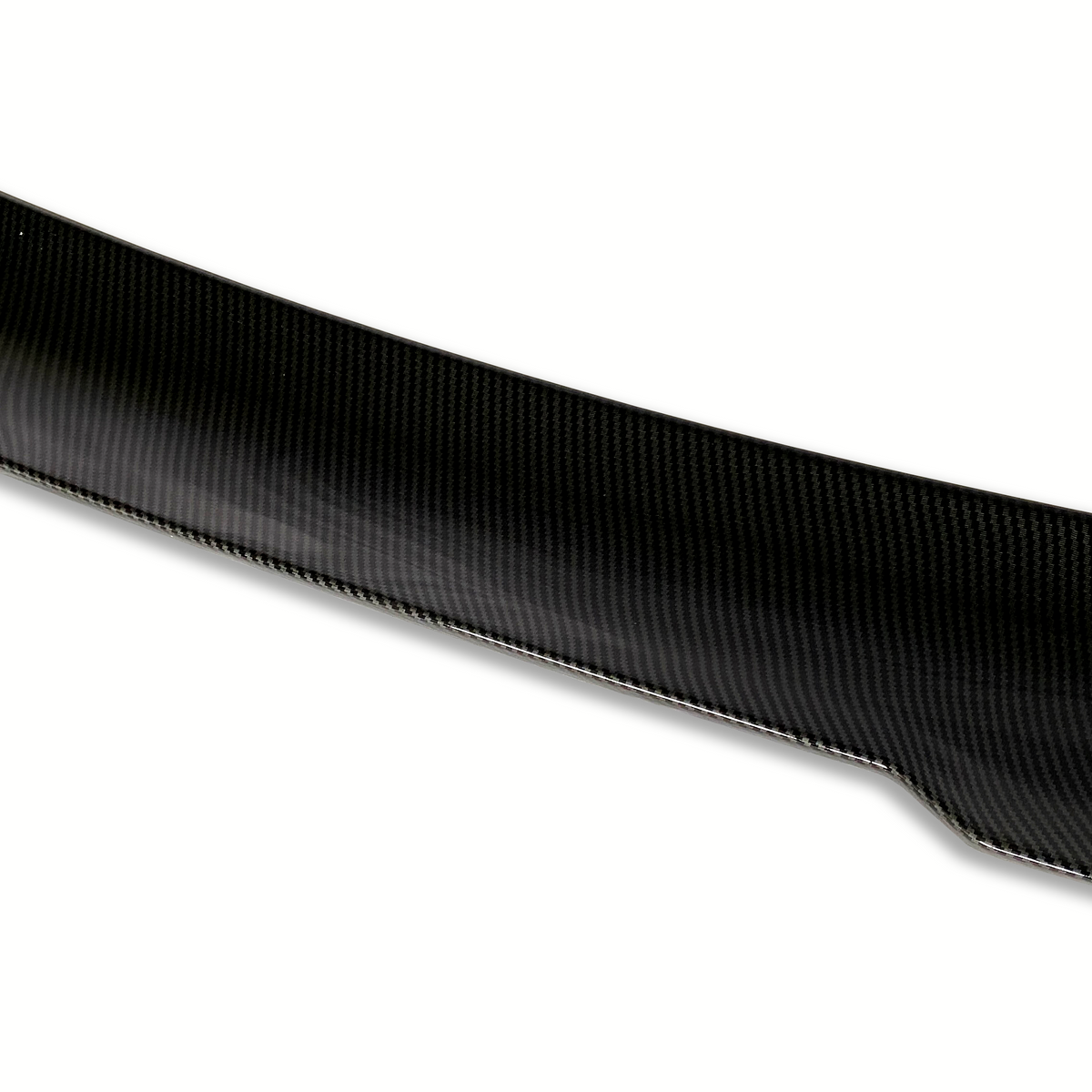 Curved carbon fiber object with a glossy finish, positioned against a plain white background, highlighting its texture and sleek design.