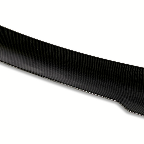 Curved carbon fiber object with a glossy finish, positioned against a plain white background, highlighting its texture and sleek design.