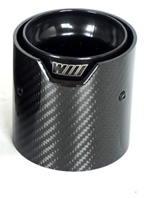A carbon fiber exhaust tip is placed vertically on a white background. The tip features a shiny black interior and the text "WILL" on its outer edge.