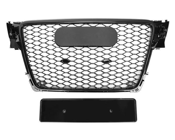 A black honeycomb-patterned car grille with a matte section at the top is positioned above a rectangular license plate holder, all against a plain white background.