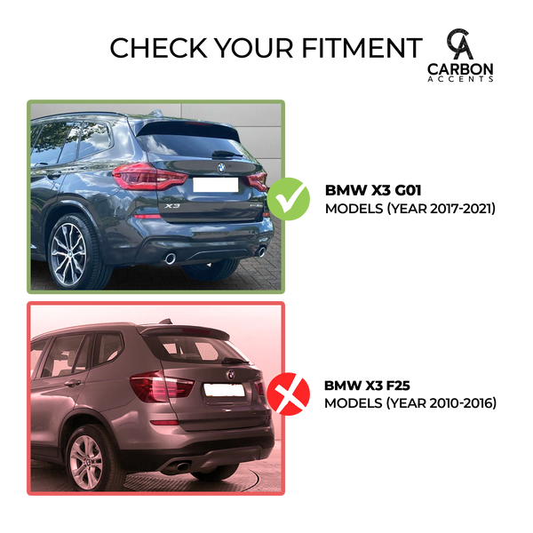 Two BMW SUVs are shown from the rear. The top car is a BMW X3 G01 (2017-2021) with a green checkmark. The bottom car is a BMW X3 F25 (2010-2016) with a red cross. Text reads "CHECK YOUR FITMENT."