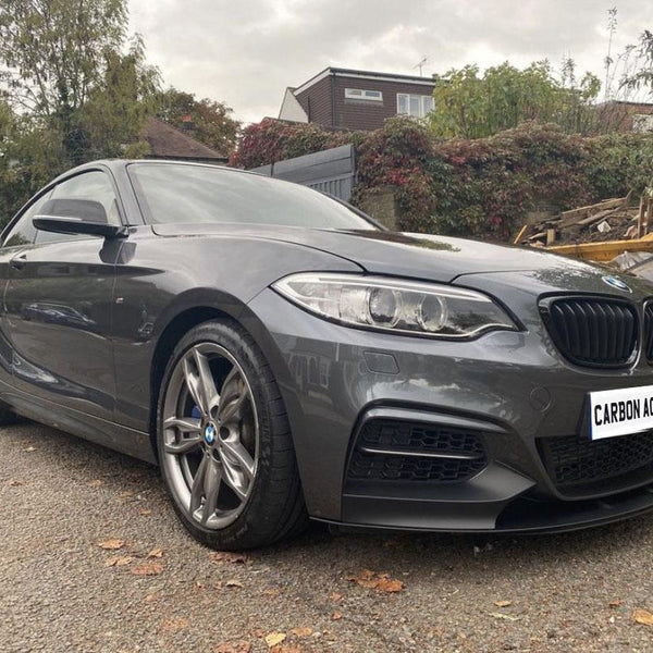 A grey sports car is parked on a driveway surrounded by trees and shrubs, with a license plate reading "CARBON ACCENTS."