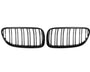Two black kidney-shaped car grilles with vertical slats are positioned side by side against a plain white background.
