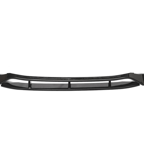 A glossy black car front splitter with angular ends is displayed against a plain white background, designed for aerodynamic enhancement in automotive applications.