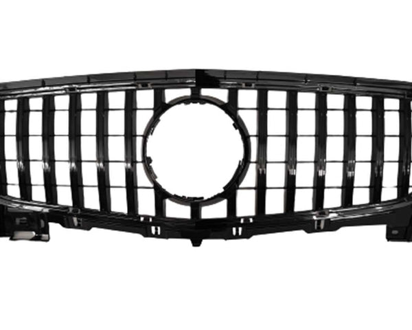 A black car grille features vertical bars and a central circular emblem space, designed for vehicle front-end placement, suggesting automotive function. The background is plain white, emphasizing the grille.