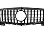 A black car grille features vertical bars and a central circular emblem space, designed for vehicle front-end placement, suggesting automotive function. The background is plain white, emphasizing the grille.