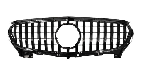 A black car grille features vertical bars and a central circular emblem space, designed for vehicle front-end placement, suggesting automotive function. The background is plain white, emphasizing the grille.