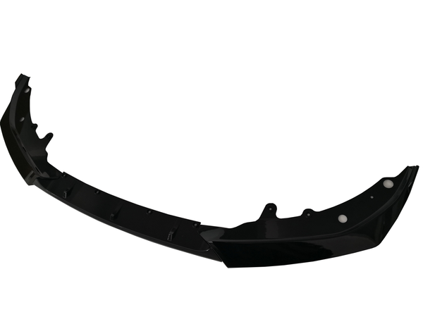 A glossy black car bumper sits isolated against a white background, featuring mounting brackets and aerodynamic contours designed for vehicle attachment.