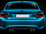 A sleek blue sports car is shown from the rear, featuring illuminated taillights and dual exhausts, set against a dark background. The license plate reads 