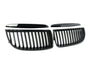 Two black, glossy, kidney-shaped car grilles with vertical slats are lying on a white background, separated into two symmetrical sections.