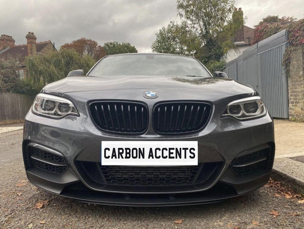 A dark gray BMW car with distinct headlights is parked on a residential street. The license plate reads "CARBON ACCENTS," surrounded by brick houses, trees, and a cloudy sky.