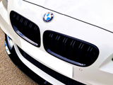 A white BMW car front displays its emblem and black kidney grille. The vehicle is stationary on a paved surface, with a blank license plate below.