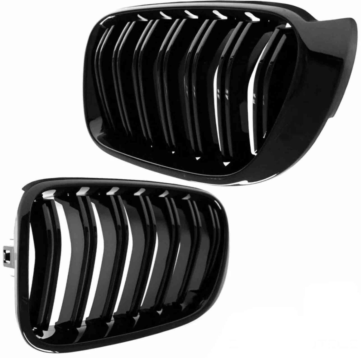 Two glossy black car grilles with vertical slats are displayed against a plain white background, showing different angles of each grille.