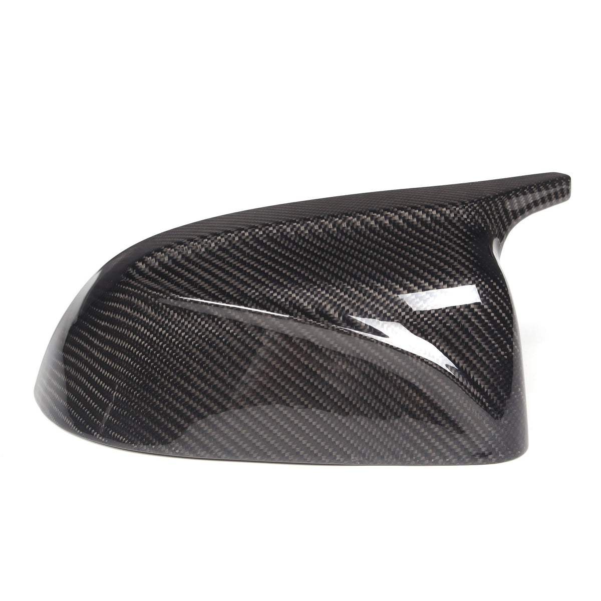 Carbon fiber car side mirror cover with a glossy finish, featuring a sleek, aerodynamic shape against a plain white background. No text is present.