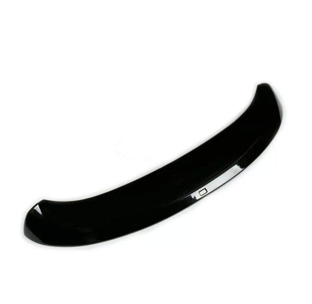 A shiny black car spoiler curves upward, designed to improve aerodynamics, set against a plain white background.