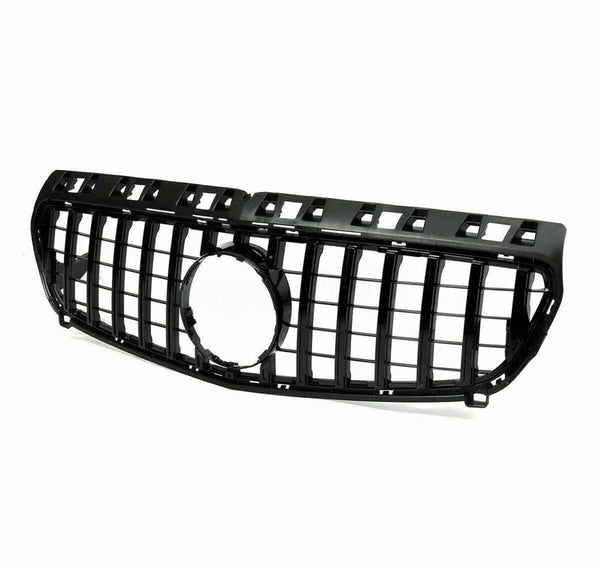 Black car grille with vertical slats and a central circular opening, designed for vehicle front-end installation, against a plain white background.