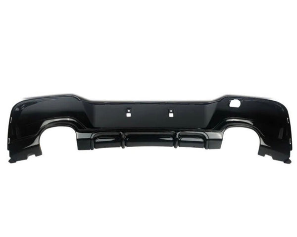 A black car bumper, detached, is displayed against a plain white background, showcasing its sleek design and mounting points.