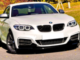 A white BMW car is parked on a paved area, surrounded by green grass and colorful autumn foliage. The front grille and headlights are prominently visible.