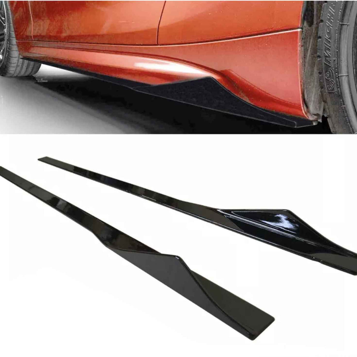 Two glossy black side skirts lie on a white surface, designed for a vehicle shown partially in orange above with one already installed near its tire.