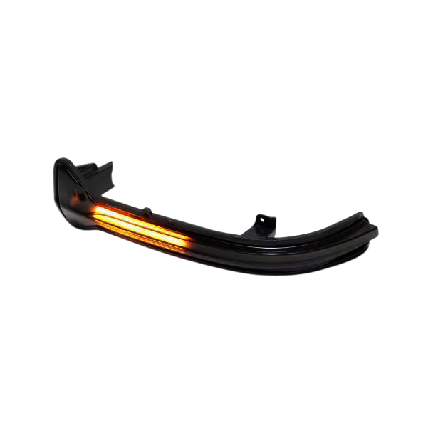 A curved, black car indicator light emits a bright amber glow, isolated against a plain white background.