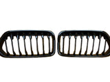 Two black car grilles with vertical slats are displayed side by side against a plain white background.