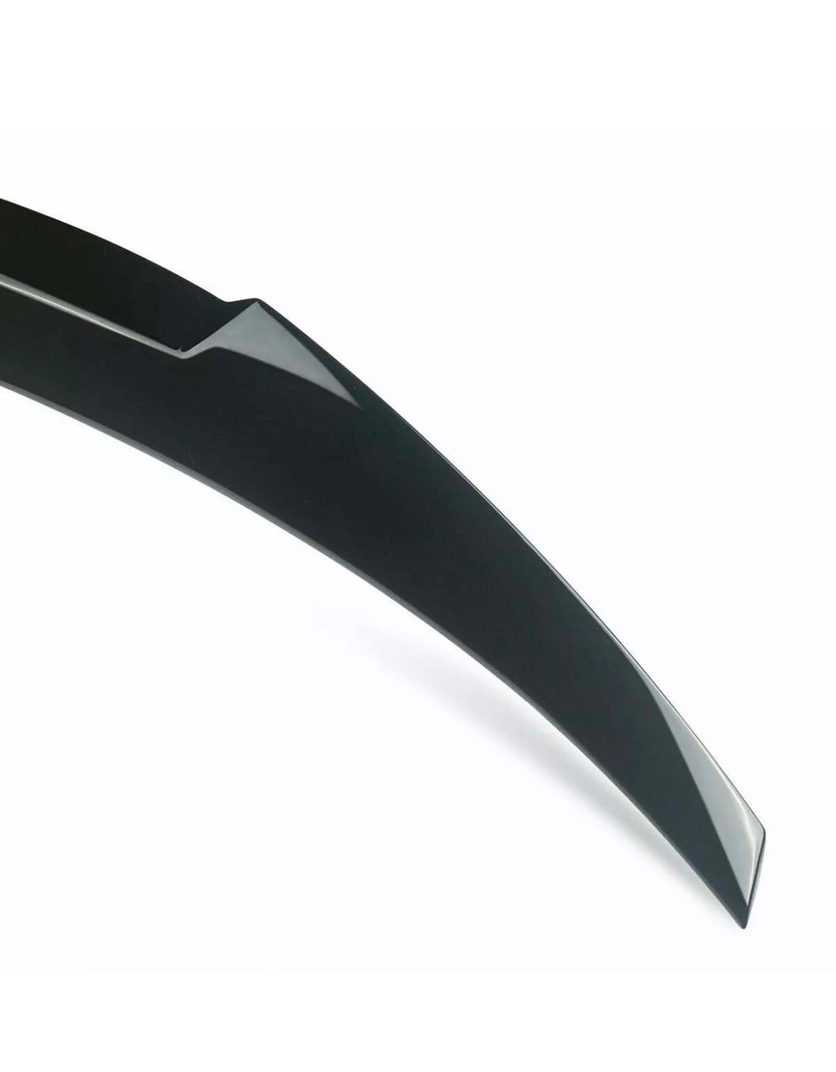 A black, curved, aerodynamic car spoiler with a slight ridge, angled upward, set against a plain white background, highlighting its sleek and glossy finish.