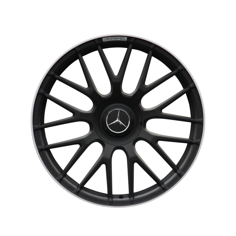 A black, multi-spoke car wheel rim with a central emblem and "AMG" text at the top, against a plain white background.
