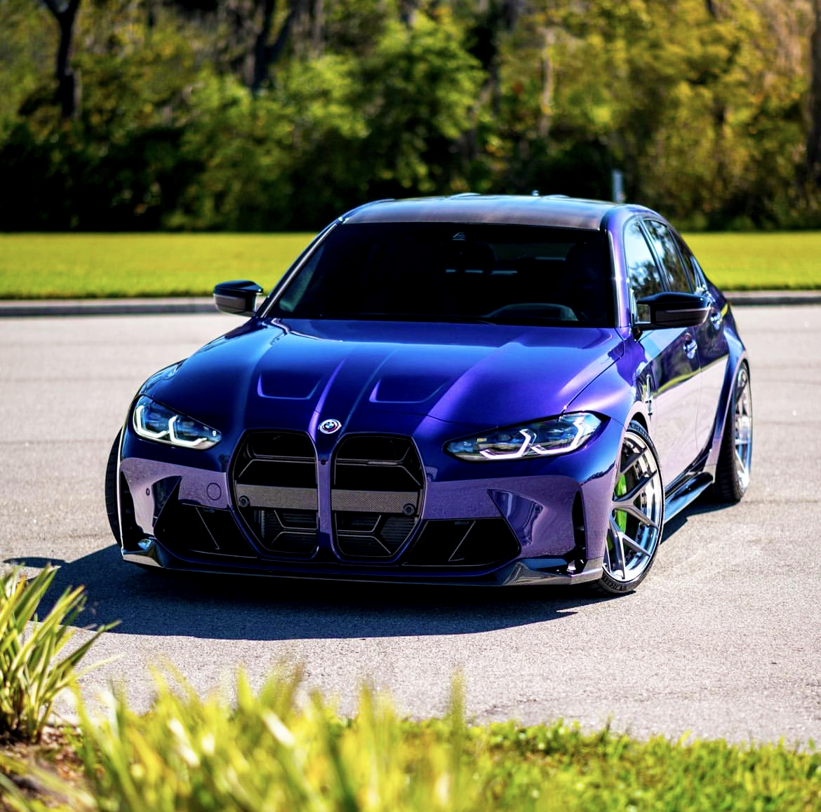 A purple sports car is parked on a paved road, surrounded by green grass and trees in a bright, sunny environment.