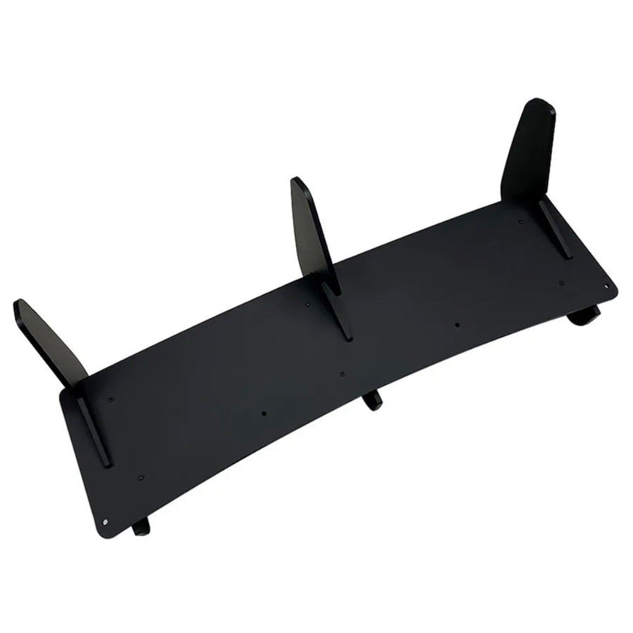 Black metal shelf with three supporting fins is oriented upwards. It is designed for mounting, with several screw holes visible. The background is plain white, providing contrast.